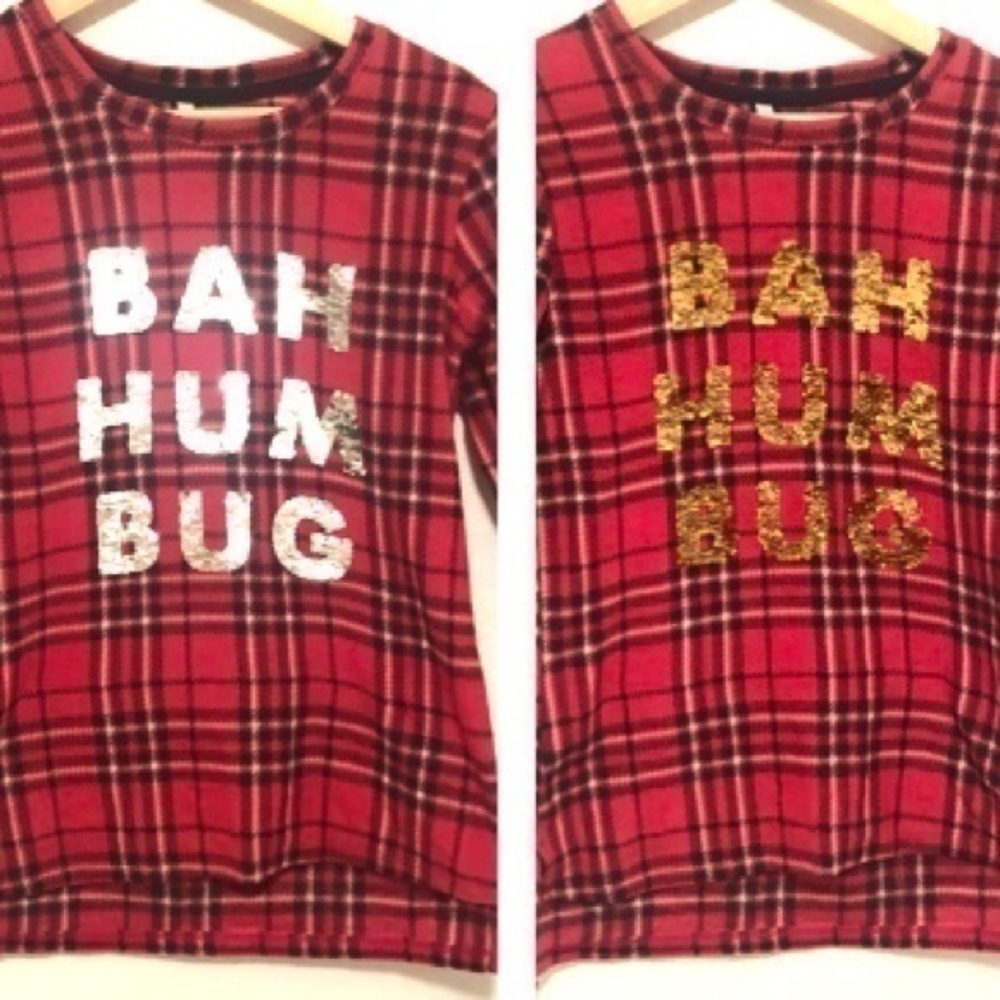 RED PLAID BAH HUM BUG SEQUINS PAJAMA TOP SMALL